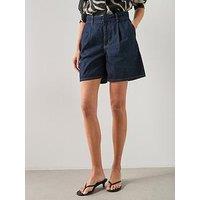 Mango Mid-Rise Denim Bermuda Shorts With Pleats - Blue