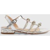 River Island Older Girls Bow Diamante Heel Flat Sandals - Silver