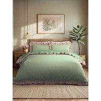 Chelsea Peers Stipe Reversible Frill 100% Cotton Duvet Set - Green & White