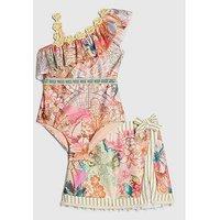 River Island Mini Girls Del Maar Floral Swimsuit And Skirt Set - Orange