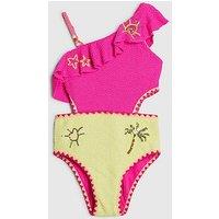 River Island Older Girls Frilled Textured Embellished Swimsuit - Pink