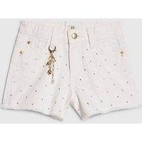 River Island Older Girls Embellished Pearl Denim Shorts - White