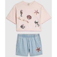 River Island Older Girls Sealife T-Shirt And Shorts Set - Pink/Blue