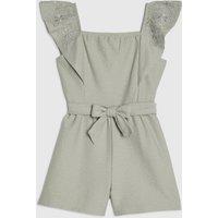 River Island Mini Girls Embroidered Frill Sleeve Shirred Playsuit - Khaki