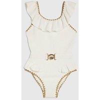 River Island Older Girls Shell Textured Belt Swimsuit - White