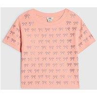 River Island Older Girls Bow Diamante Cropped T-Shirt - Coral