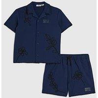 River Island Mini Boys Embroidered Back Print Floral Swim Set - Blue - Navy