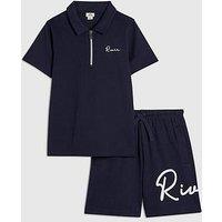 River Island Older Boys Scripty Polo Shirt And Shorts Set - Navy