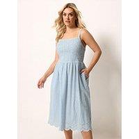 Yours Curve Striped Broderie Shirred Dress - Blue