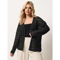 Yours Curve Pointelle Stitch Button Cardigan - Black