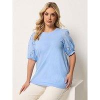 Yours Curve Broderie Puff Sleeve T-Shirt - Blue