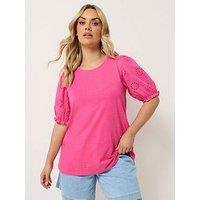 Yours Curve Broderie Puff Sleeve T-Shirt - Pink