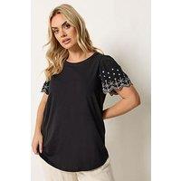 Yours Curve Angel Sleeve Embroidered T-Shirt - Black