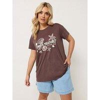 Yours Curve Placement T-Shirt - Brown