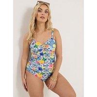 Yours Curve Tile Print Bandeau Swimsuit - White/Blue
