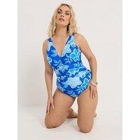 Yours Curve Cut Out Floral Plunge Swimsuit - Blue