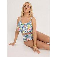 Yours Curve Tile Print Frill Bikini Top - White