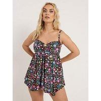 Yours Curve Shell Print Hanky Hem Tankini - Black