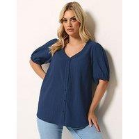 Yours Curve Button Textured Short Sleeve Blouse - Blue