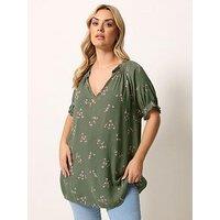 Yours Curve Crinkle Gypsy Notch Neck Top - Green