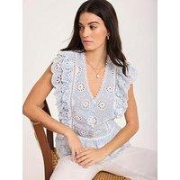 Mint Velvet Broderie Stripe Top - Blue