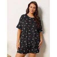 Yours Curve Soft Touch Cherry Pyjama Set - Black