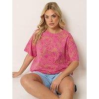 Yours Curve Leaf Print Boxy T-Shirt - Pink