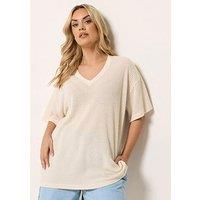 Yours Curve V-Neck Boxy Knitted T-Shirt - Cream