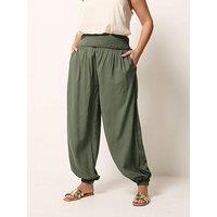 Yours Curve Shirred Waist Balloon Trousers - Green