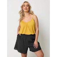 Yours Curve Crochet Trim Shirred Waist Shorts - Black