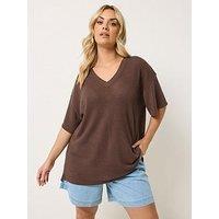 Yours Curve V-Neck Boxy Knitted T-Shirt - Brown