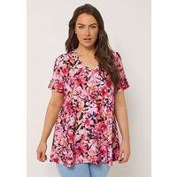 Yours Curve Printed Broderie V-Neck Top - Pink/Black