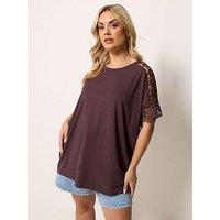 Yours Curve Boxy Crochet T-Shirt - Brown