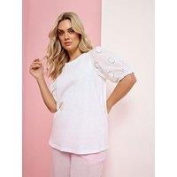 Yours Curve Broderie Puff Sleeve T-Shirt - White