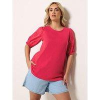 Yours Curve Broderie Puff Sleeve T-Shirt - Red