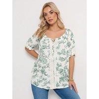 Yours Curve Crochet Short Sleeve Gypsy Top - Green