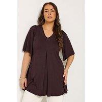 Yours Curve Pleat Front Angel Sleeve Top - Brown
