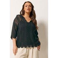 Yours Curve Knitted Collar Pointelle T-Shirt