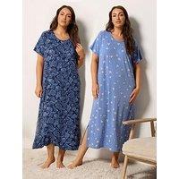Yours Curve 2 Pack Soft Touch Shell Print Midaxi Nightdress - Blue