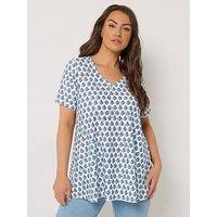 Yours Curve Printed Broderie V-Neck Top - Blue