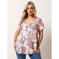 Yours Curve Printed Broderie Bardot Top - Pink