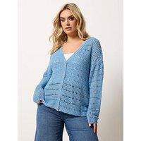 Yours Curve Pointelle Stitch Button Cardigan - Blue