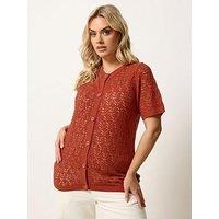 Yours Curve Button Through Short Sleeve Top - Brown