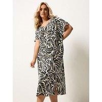 Yours Curve Grown-Sleeve Abstract Print Dress - Cream