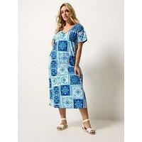 Yours Curve Grown-On Sleeve Tile Print Dress - Blue