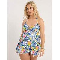Yours Curve Tile Print Hanky Hem Tankini - White/Blue