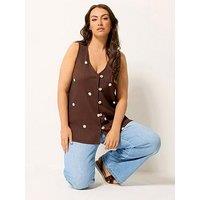 Yours Curve Textured Waistcoat - Brown