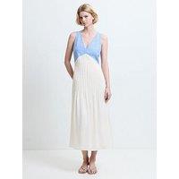 French Connection Cotton V-Neck Sleeveless Pleated Midi Dress - Blue