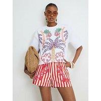 River Island Short Sleeve Tropical Embroidered T-Shirt - Cream