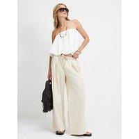 River Island Mid Rise Tie Waist Wide Leg Trousers - Cream